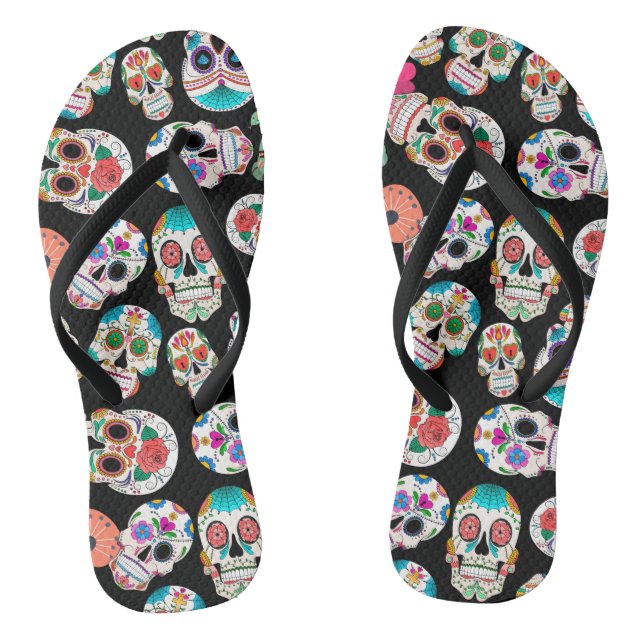 Sugar Skulls Pattern on Black Flip Flops (Footbed)