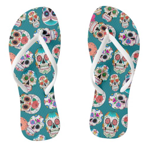 Sugar Skulls Pattern on Teal Flip Flops