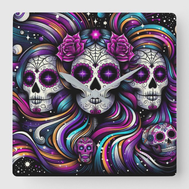 Sugar Skulls Square Wall Clock (Front)