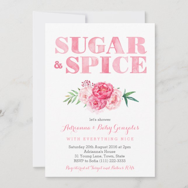 Sugar & Spice baby shower, pink watercolor flowers Invitation (Front)