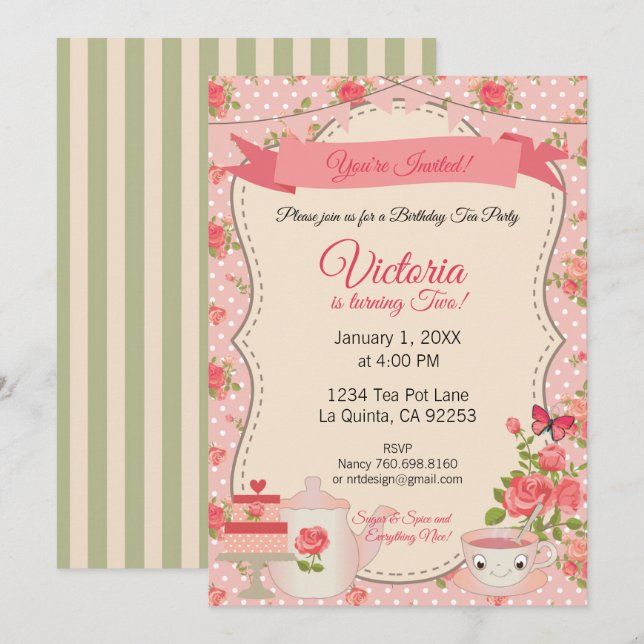 Sugar & Spice Tea Party (Pink Floral) Invitation (Front/Back)