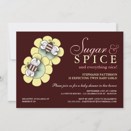 Sugar &amp; Spice Twin Girl Baby Shower Invitation