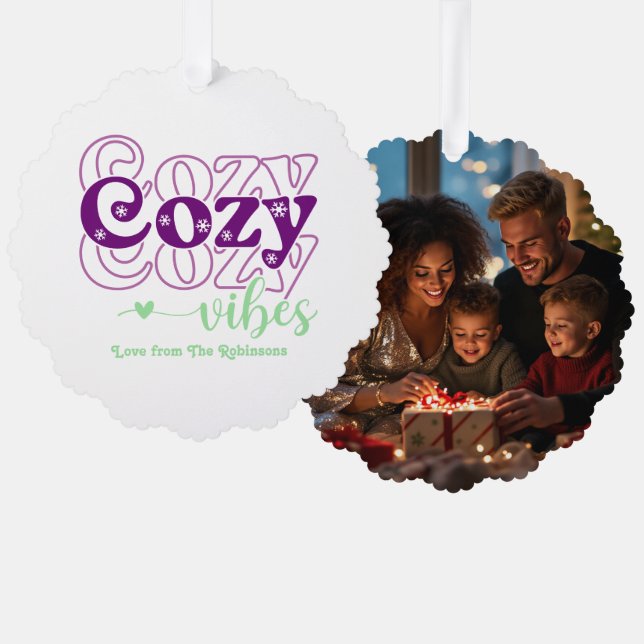 Sugarplum Magic Cozy Vibes Retro Christmas Photo Ornament Card (Front/Back)