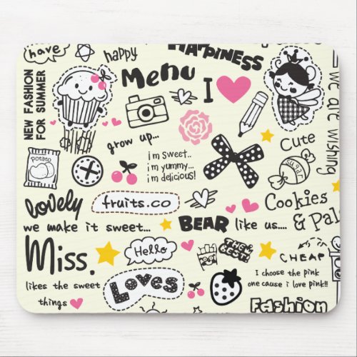 Sugary Sweet Girly Cartoon Sketches Mouse Pad