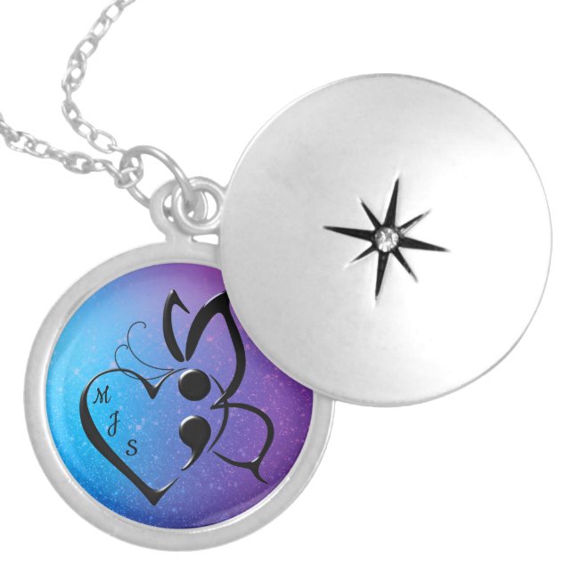 Suicide Awareness Butterfly Semicolon Heart Locket Necklace (Front)
