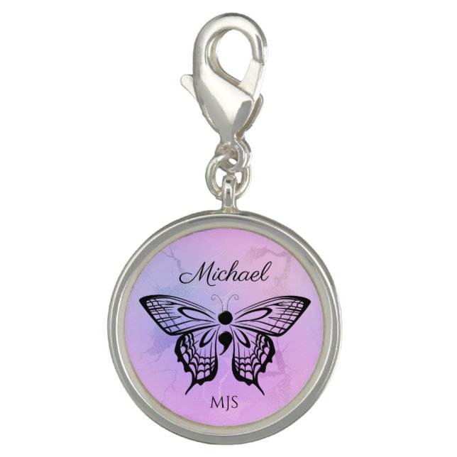 Suicide Awareness Butterfly Semicolon Name Initial Charm (Front)