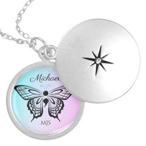 Suicide Awareness Butterfly Semicolon Name Initial Locket Necklace