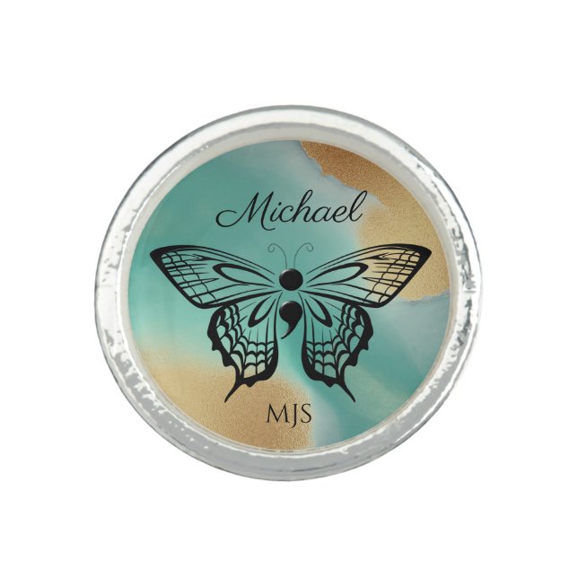 Suicide Awareness Butterfly Semicolon Name Initial Ring (Front)