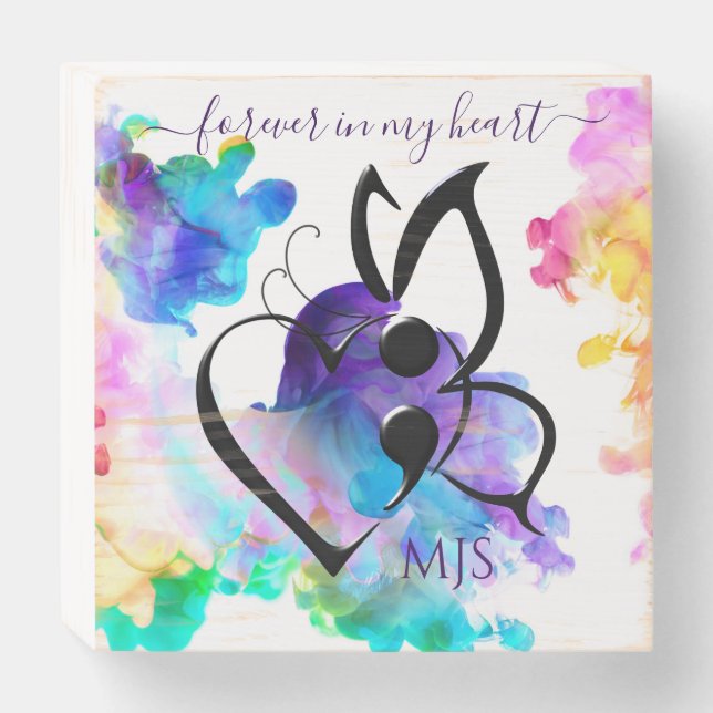Suicide Awareness Butterfly Semicolon Name Initial Wooden Box Sign (Front Horizontal)