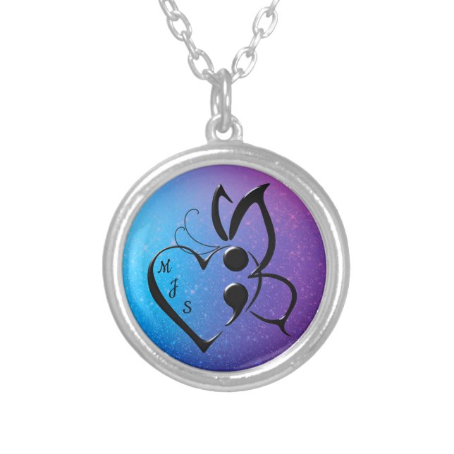 Suicide Awareness Heart Butterfly Semicolon Silver Plated Necklace (Front)