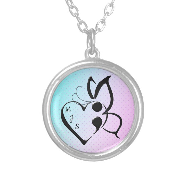 Suicide Awareness Heart Butterfly Semicolon Silver Plated Necklace (Front)