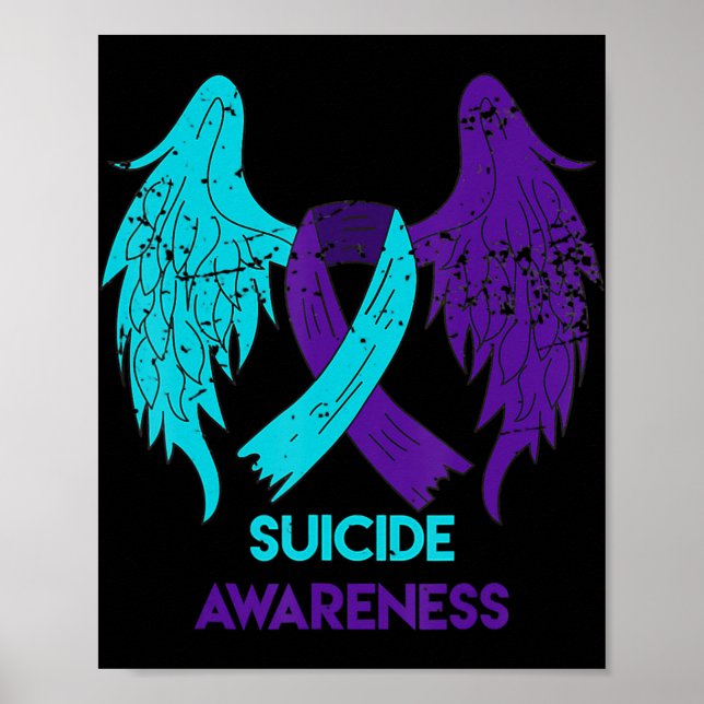 Suicide Awareness  Wings And Ribbon Teal And Purpl Poster (Front)