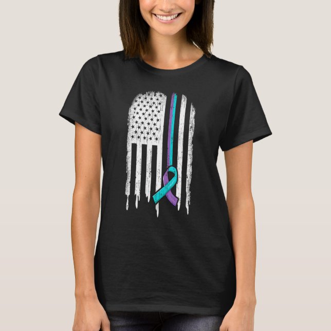 Suicide Prevention Awareness American Flag Ribbon  T-Shirt (Front)