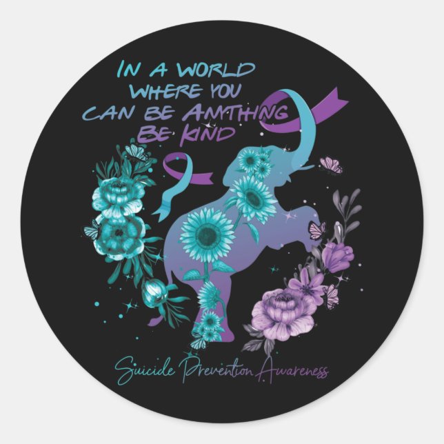 Suicide Prevention Sunflower Elephant Teal Purple Classic Round Sticker (Front)