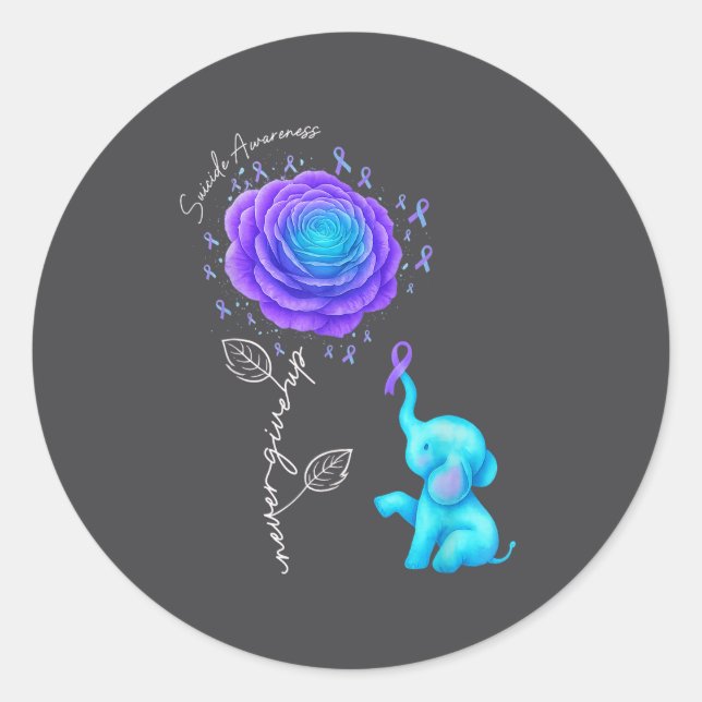 Suicide Prevention Teal Purple Flower Elephant Rib Classic Round Sticker (Front)