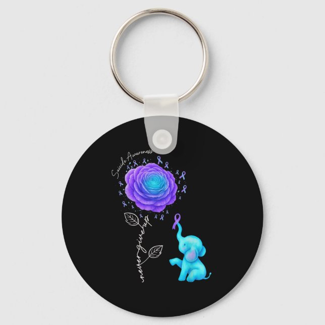 Suicide Prevention Teal Purple Flower Elephant Rib Keychain (Front)