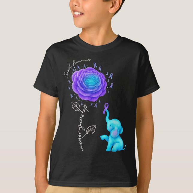 Suicide Prevention Teal Purple Flower Elephant Rib T-Shirt (Front)