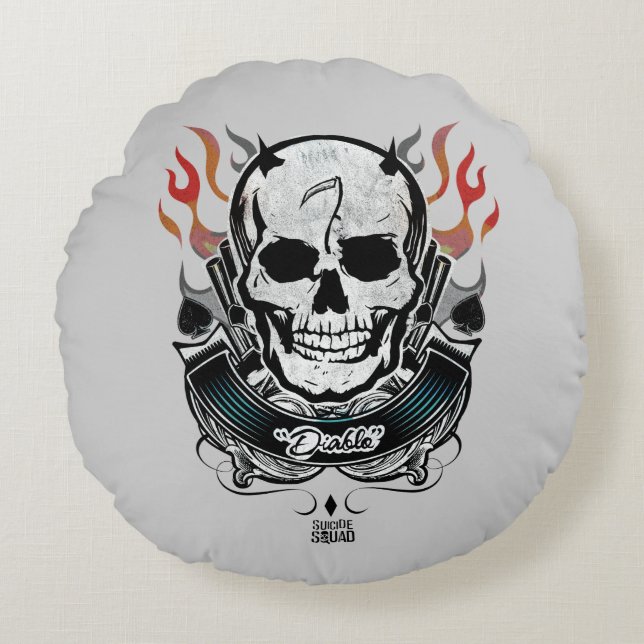 Suicide Squad | Diablo Skull & Flames Tattoo Art Round Pillow (Front)