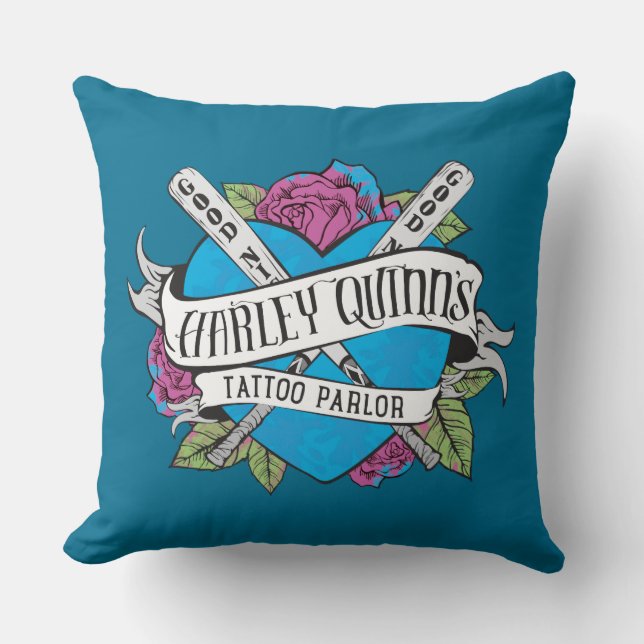 Suicide Squad | Harley Quinn's Tattoo Parlor Heart Throw Pillow (Front)
