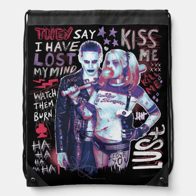 Suicide Squad | Joker & Harley Typography Photo Drawstring Bag (Front)