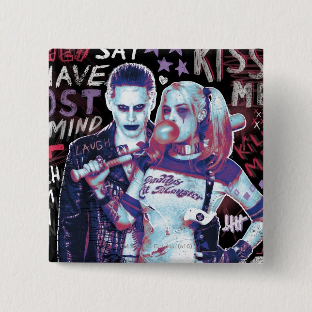 Suicide Squad | Joker & Harley Typography Photo Pinback Button (Front)