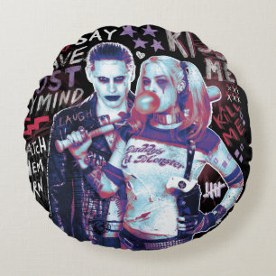 Suicide Squad   Joker & Harley Typography Photo Round Pillow
