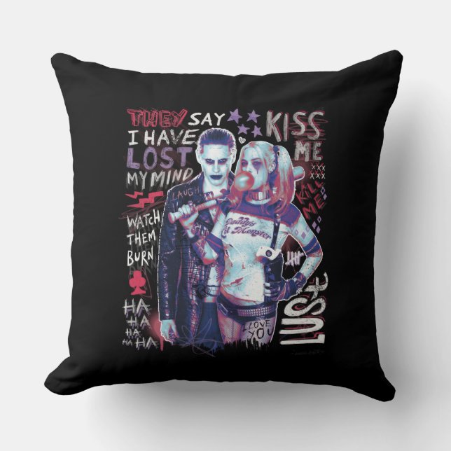 Suicide Squad | Joker & Harley Typography Photo Throw Pillow (Front)