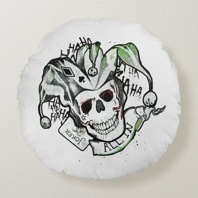 Suicide Squad | Joker Skull "All In" Tattoo Art Round Pillow (Front)