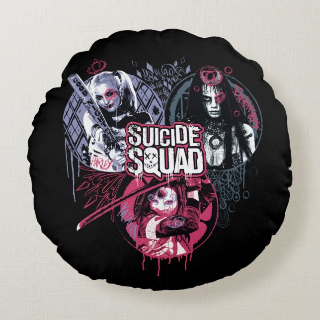 Suicide Squad | Squad Girls Graffiti Badges Round Pillow (Front)