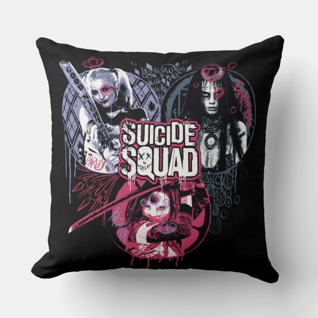 Suicide Squad | Squad Girls Graffiti Badges Throw Pillow (Front)