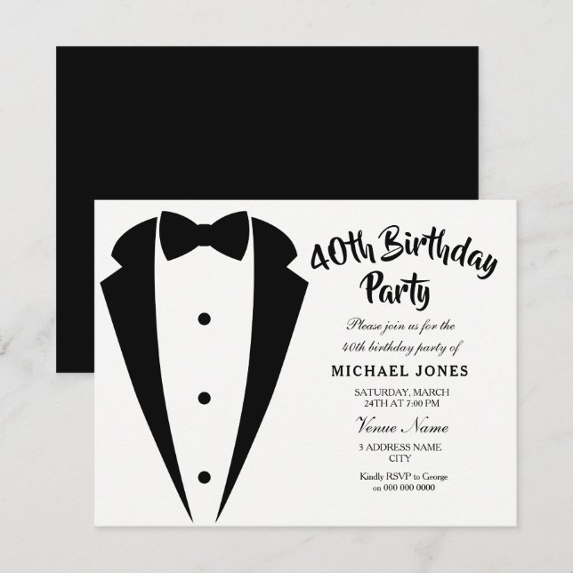 Suit & Tie mens 40th birthday party invitation (Front/Back)