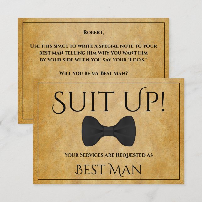 Suit Up Be My Best Man Faux Parchment Card (Front/Back)