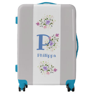 Suitcase has First Initial Plus Name with Flowers