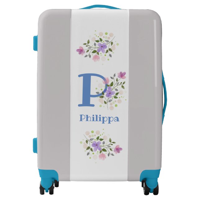 Suitcase has First Initial Plus Name with Flowers (Front)