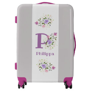 Suitcase has First Initial Plus Name with Flowers