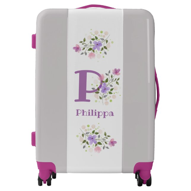 Suitcase has First Initial Plus Name with Flowers (Front)