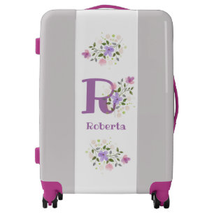 Suitcase has First Initial Plus Name with Flowers