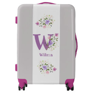 Suitcase has First Initial Plus Name with Flowers
