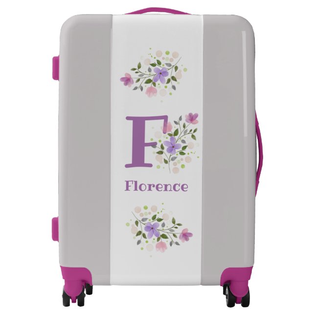 Suitcase has First Initial Plus Name with Flowers (Front)
