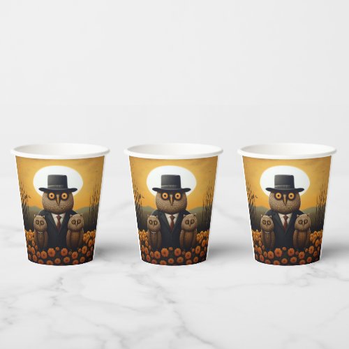 Suited Owl and Offspring in an Orange Twilight Paper Cups