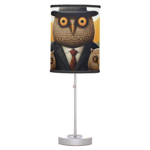 Suited Owl and Offspring in an Orange Twilight Table Lamp