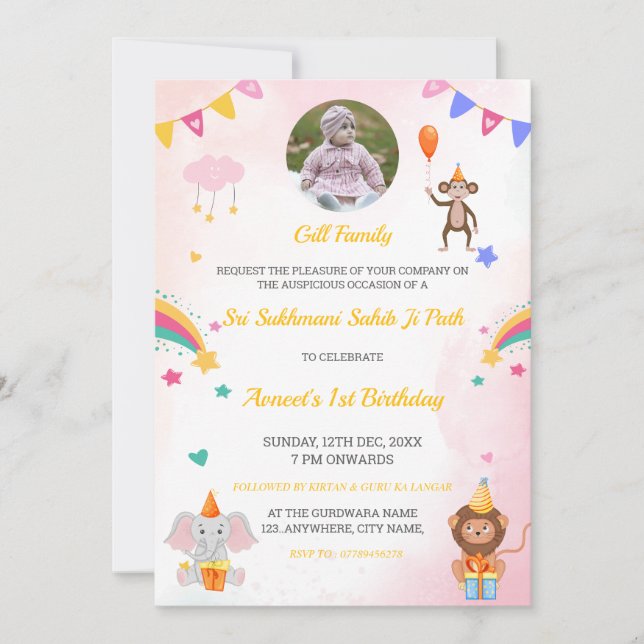 Sukhmani Sahib Path Invitation, 1st Birthday Card (Front)