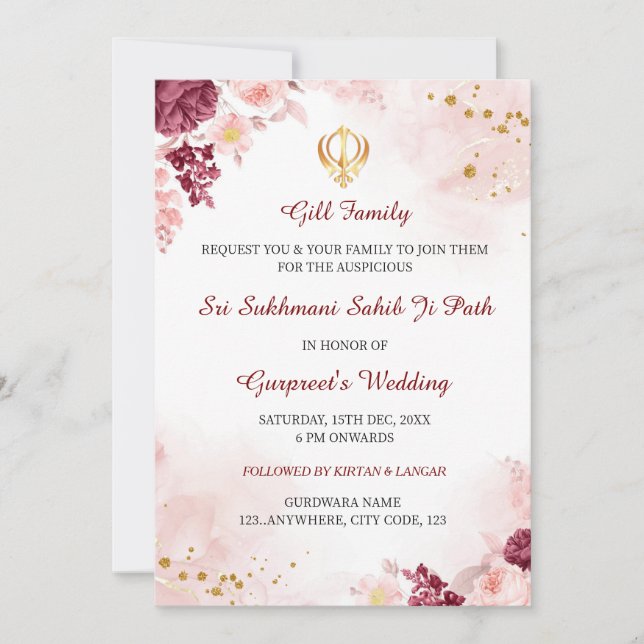 Sukhmani Sahib Path Invitation, Sikh Wedding card (Front)