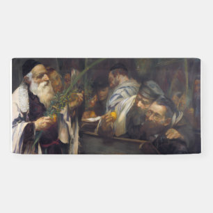 Sukkah decoration featuring a paintinng banner