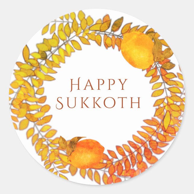Sukkot  lemons and colorful leafy wreath  classic round sticker (Front)