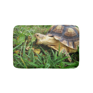 Sulcata Tortoise Taking Big Bite of Dandelion Leaf Bath Mat