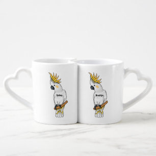 Sulphur-crested cockatoo bird cartoon illustration coffee mug set