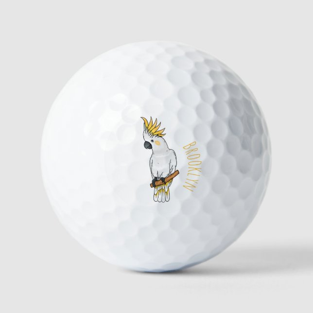 Sulphur-crested cockatoo bird cartoon illustration golf balls (Front)