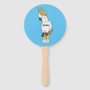 Sulphur-crested cockatoo bird cartoon illustration hand fan