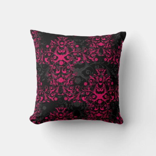 Sultry Flaming Pink and Black Floral Damask Throw Pillow